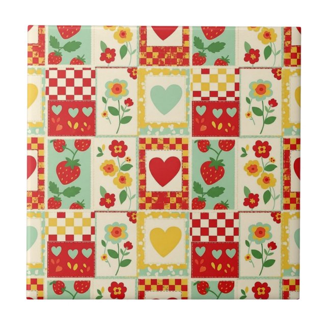 Azulejo De Cerâmica Piquenique de Patchwork de Morango (Frente)