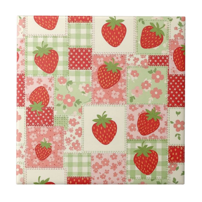 Azulejo De Cerâmica Piquenique de Patchwork de Morango (4) (Frente)