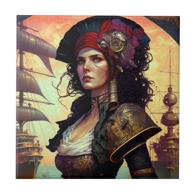Azulejo De Cerâmica Pirate Woman Fantasy Art (Frente)