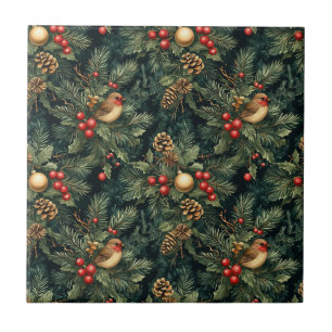 Azulejo De Cerâmica Pisco-rouxinol de Natal e Bagas Vermelhas em Pinhe