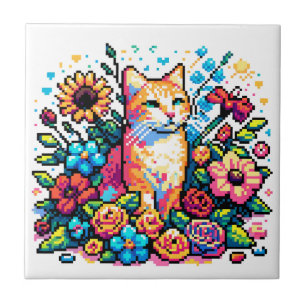 Azulejo De Cerâmica Pixel Art   Sentado de gato nas flores