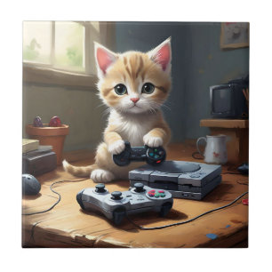 Azulejo De Cerâmica "Pixel Paws: The Gamer Kitten in Action"