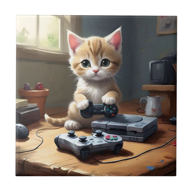Azulejo De Cerâmica "Pixel Paws: The Gamer Kitten in Action" (Frente)
