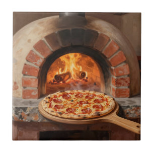 Azulejo De Cerâmica Pizza de Pepperoni Assada à Lenha Rústica Italiana
