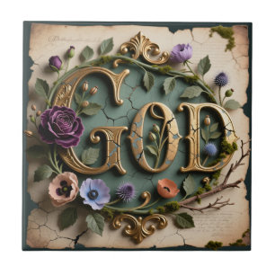 Azulejo De Cerâmica Placa de Grafia GOD Dourada Floral Antiga
