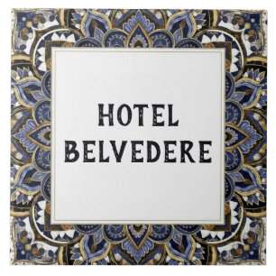 Azulejo De Cerâmica Placa de Nome de Casa ou Hotel Azul Dourado Chique