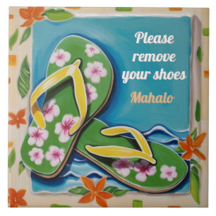 Azulejo De Cerâmica Placa de Remover Sapatos Verde Chinelos Havaianos