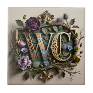 Azulejo De Cerâmica Placa Dourada Floral Antiga Monograma WC