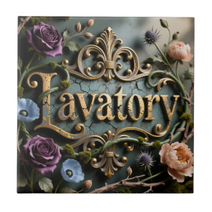 Azulejo De Cerâmica Placa Floral em Ouro Antigo com a Palavra Sanitári