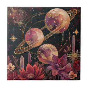 Azulejo De Cerâmica Planeta Anelado Dourado Roxo Jardim Celestial