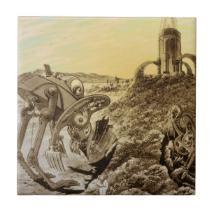 Azulejo De Cerâmica Planeta de Aliens de Ficção Científica Vintage