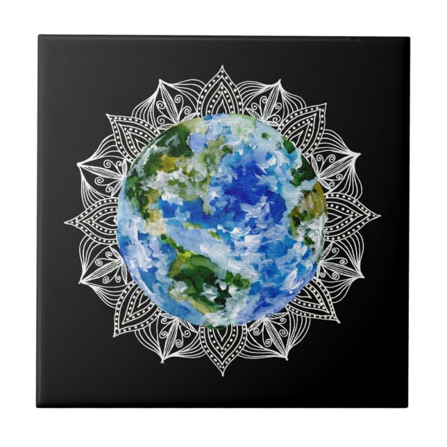Azulejo De Cerâmica Planeta Terra Mandala Preto (Frente)