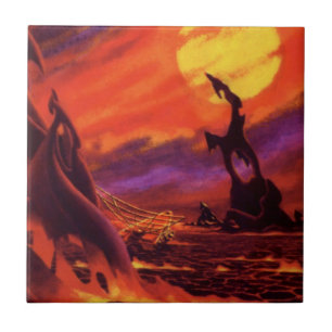 Azulejo De Cerâmica Planeta vulcânico de ficção científica com Red Lav