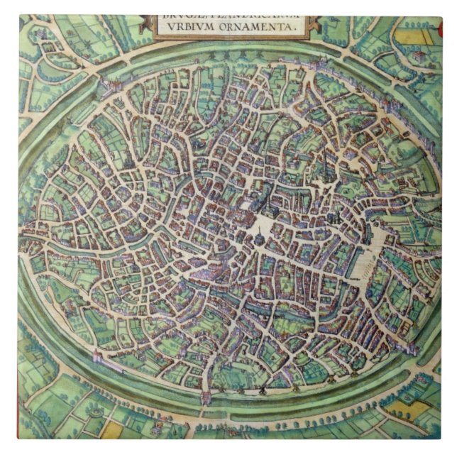 Azulejo De Cerâmica Plano de cidade de Bruges, 'de Civitates Orbis (Frente)