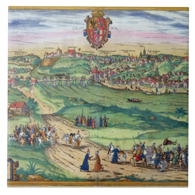 Azulejo De Cerâmica Plano de cidade de Grodno, 'de Civitates Orbis (Frente)