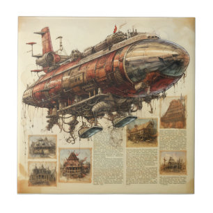 Azulejo De Cerâmica Plano de Cidade Zeppelin de Cobre de Fantasia Indu