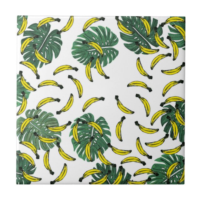 Azulejo De Cerâmica Planta e bananas do queijo suíço da aguarela (Frente)