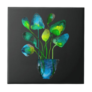 Azulejo De Cerâmica Plantas aquáticas de arte verde e abstrato azul