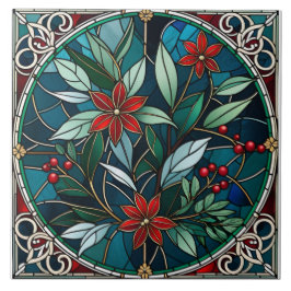Azulejo De Cerâmica Plantas de Natal Flor Vermelha Folhas Verdes Elega