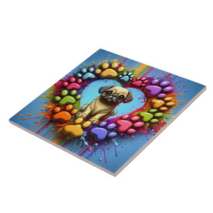 Azulejo De Cerâmica Playful Pug in Colorful Heart Impressão