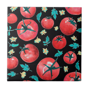 Azulejo De Cerâmica Playful Watercolor Red Tomates Padrão em preto