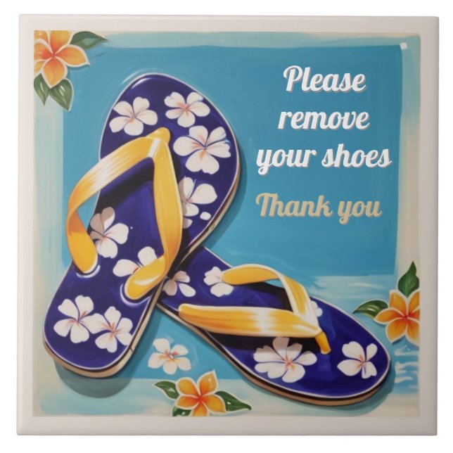 Azulejo De Cerâmica Please Remove Shoes Sign Blue Hawaiian Flip Flops (Frente)