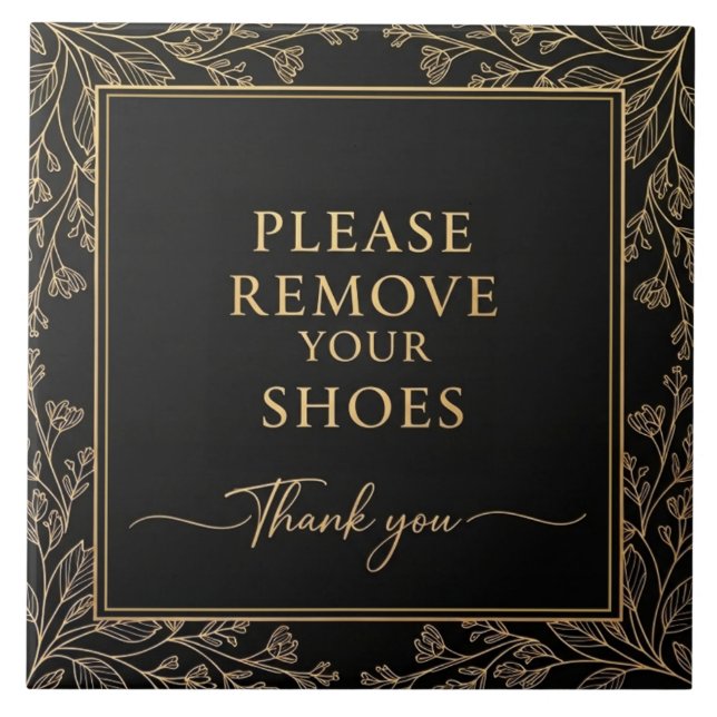 Azulejo De Cerâmica Please Remove Your Shoes Sign black gold botanical (Frente)