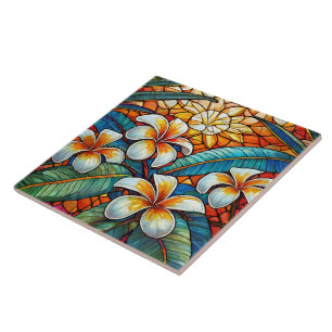 Azulejo De Cerâmica Plumeria de vidro com estilos de cor laranja