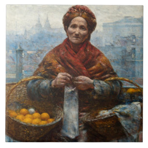 Azulejo De Cerâmica Pobre Mulher Judia Vendendo Laranjas na Polônia