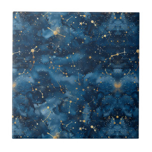 Azulejo De Cerâmica Poeira Estelar Nebulosa Cósmica Dourada Azul Meia-