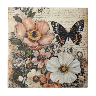 Azulejo De Cerâmica Poeonia Botânica Borboleta Vintage