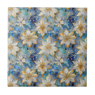 Azulejo De Cerâmica Poinsétias de Natal Azul Branco Dourado