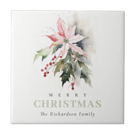 Azulejo De Cerâmica Poinsettia Berries Foliage Watercolor