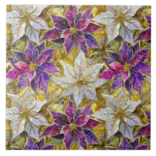 Azulejo De Cerâmica Poinsettias de Natal Rosa Roxo Dourado Branco