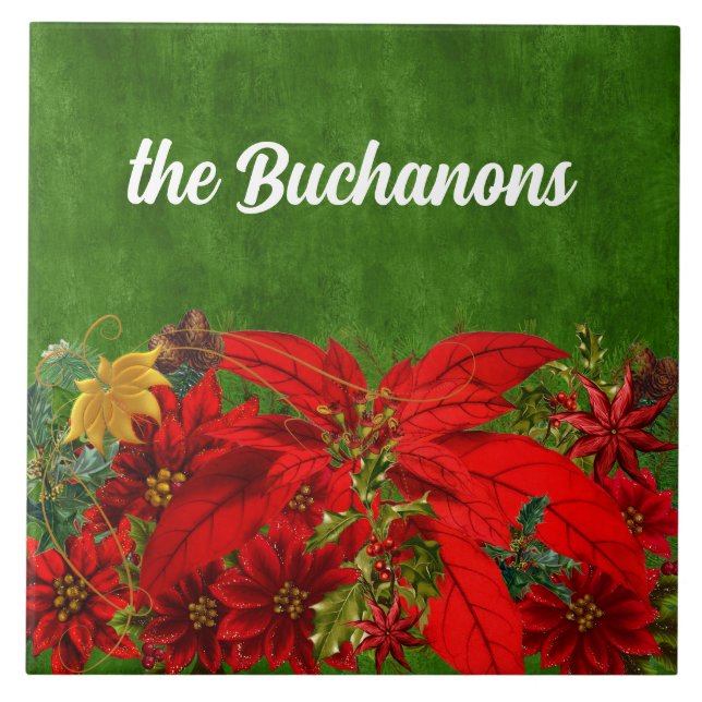 Azulejo De Cerâmica Poinsettias Vermelhas de Natal com Verde (Frente)