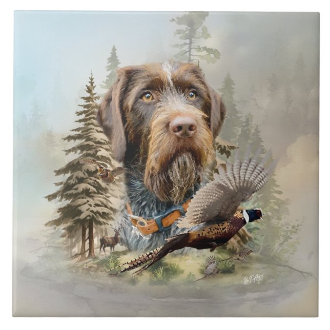 Azulejo De Cerâmica Pointer Alemão de Pelo Cabeludo (Frente)