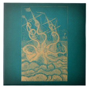 Azulejo De Cerâmica Polvo gigante atacando navio Teal Antique Kraken