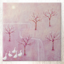 Azulejo De Cerâmica Pomar rosa com pintura paisagística em gansos