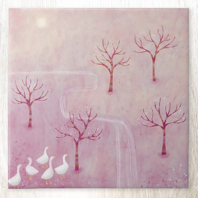 Azulejo De Cerâmica Pomar rosa com pintura paisagística em gansos (Landscape orchard geese art ceramic tile
)