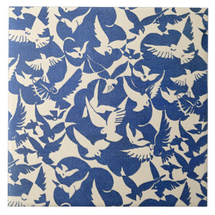 Azulejo De Cerâmica Pombos em Branco e Azul