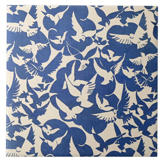 Azulejo De Cerâmica Pombos em Branco e Azul (Frente)