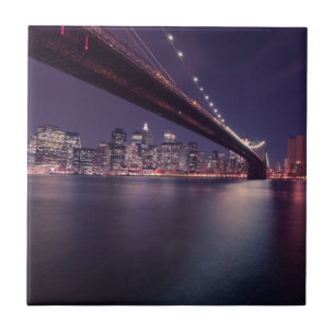 Azulejo De Cerâmica Ponte do Brooklyn à noite, luzes de Manhattan, No
