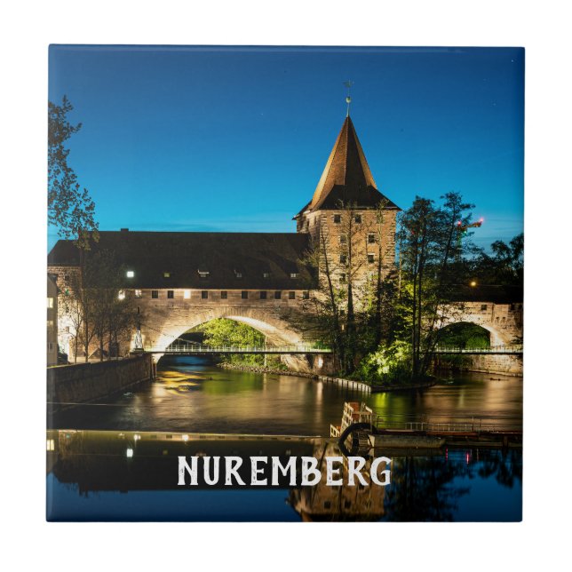 Azulejo De Cerâmica Ponte medieval antiga à noite em Nuremberg (Frente)