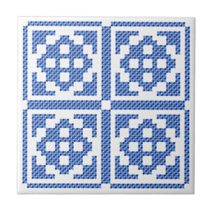 Azulejo De Cerâmica Ponto cruz azul étnico tradicional original