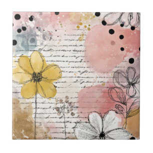 Azulejo De Cerâmica Pontos Polka Preto Branco - Esboços Florais Rosa
