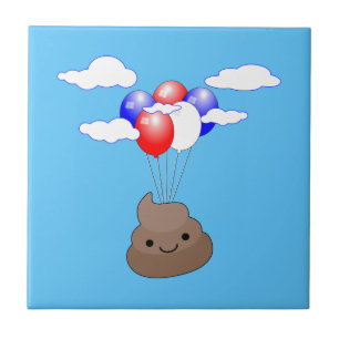 Azulejo De Cerâmica Poo Emoji Voando Com Balões No Céu Azul