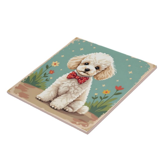 Azulejo De Cerâmica Poodle branco adorável com gravata borboleta (Lateral)