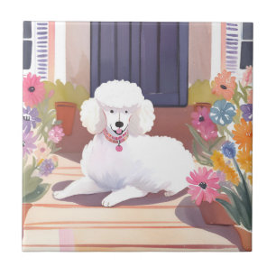 Azulejo De Cerâmica Poodle Branco   Flores Aquarela de Cachorro Pet
