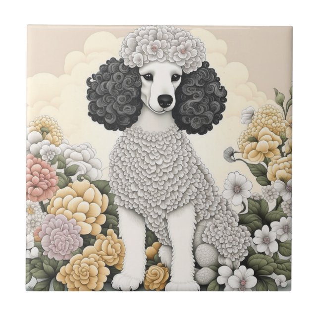 Azulejo De Cerâmica Poodle in Whimsical Flowers (Frente)
