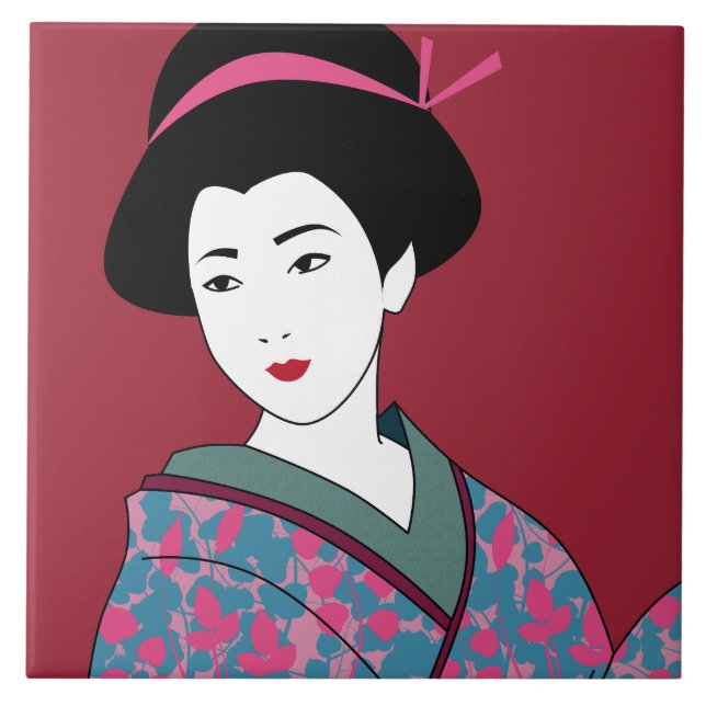 Azulejo De Cerâmica Pop Art Geisha em Floral Kimono Personalizado (Frente)